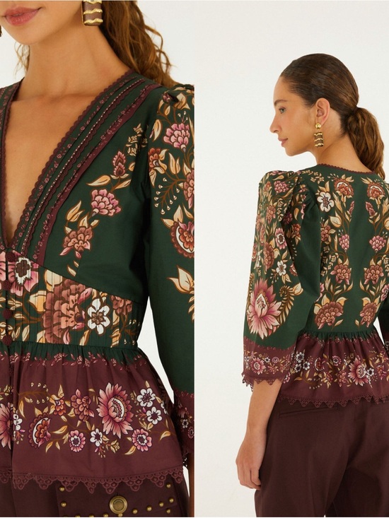 FARM Rio Tops - Farm RioDaniela Lace Puff Sleeve Bohemian Floral V-Neck Peplum Blouse